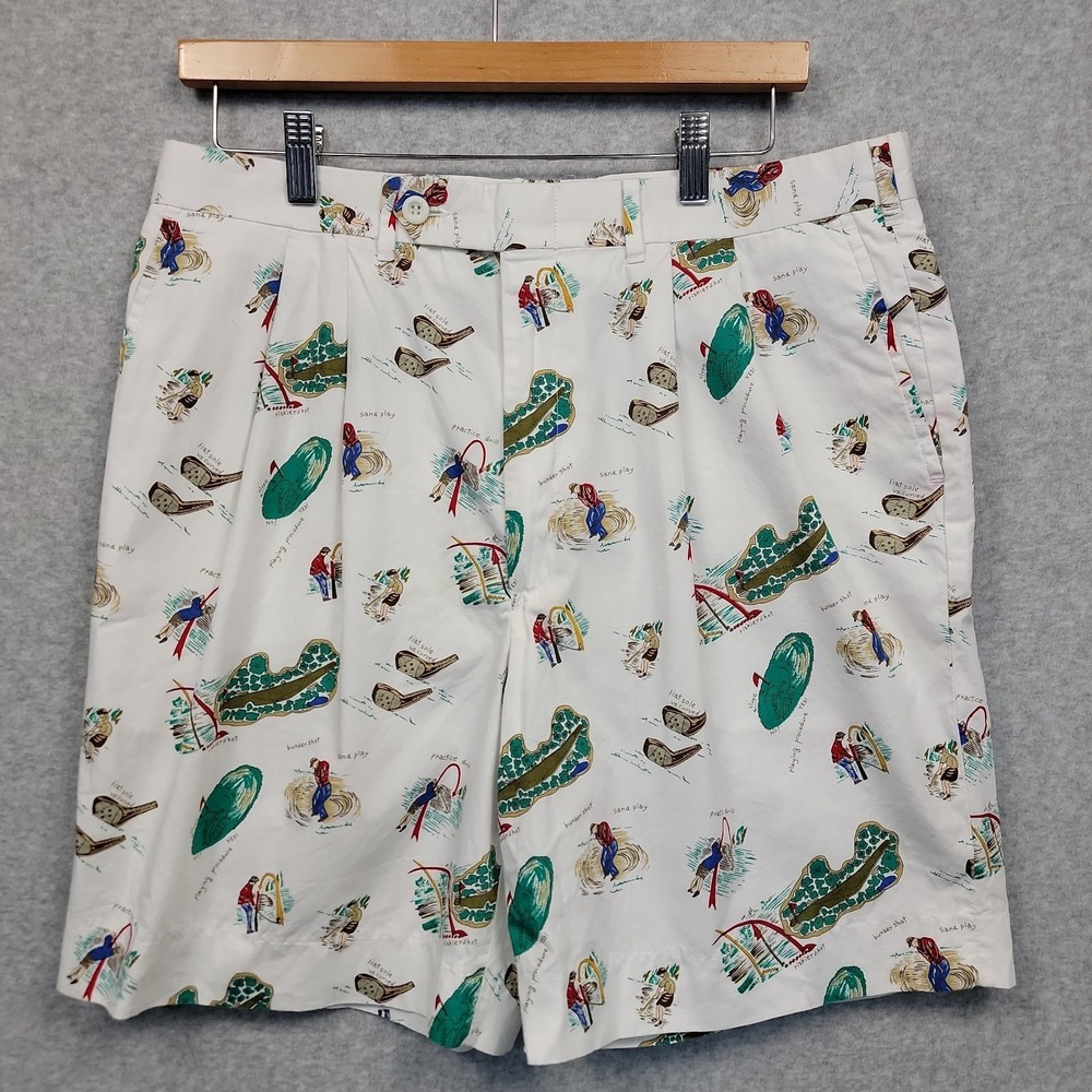 BERLE Tailored Mens White Shorts‎ Golf Enthusiast Graphic Print Pleated Preppy